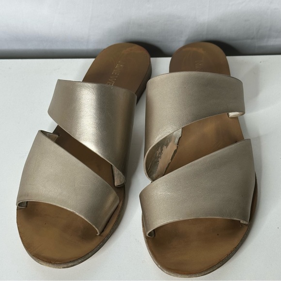 Nine West Slip On Pebbled Leather Open Toe Strappy Slides Sandals Gold - Picture 4 of 5